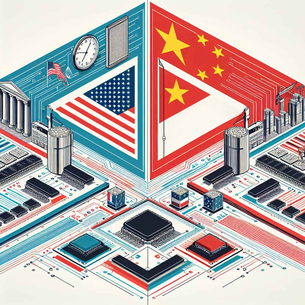 Create a 2D, vector styled, corporate image with a plain white background, representing the tension in the US-China relationship with a focus on semiconductors and technology. A linear perspective should be used throughout the image. Have two national flags, one of the USA and one of China to symbolize their respective governments. Incorporate an image of semiconductor graphics and supply chains to illustrate the potential impact on production chains. A clock should be present to symbolize the urgency and swift evolution of trade policies.
