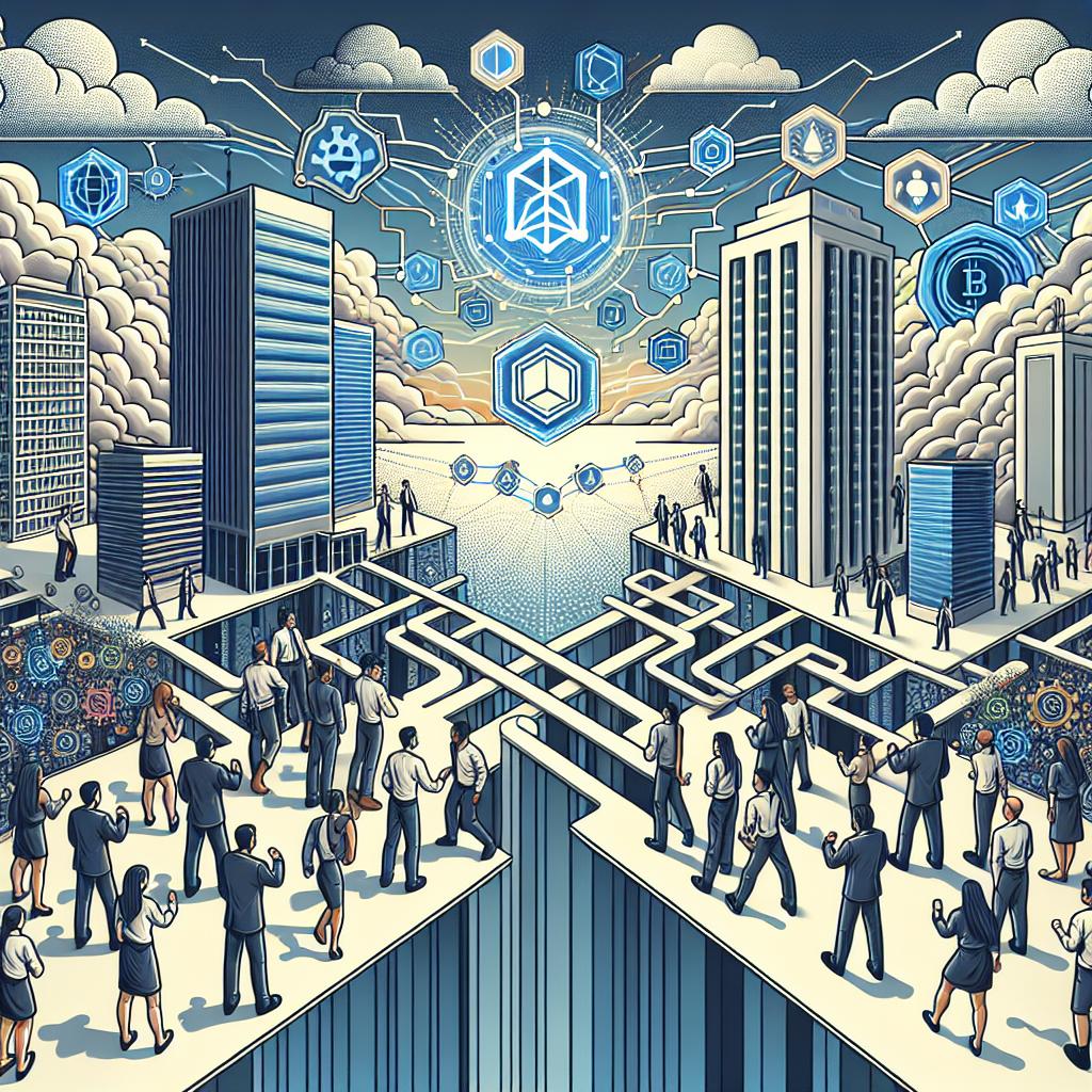Create a digital illustration in a corporate and flat vector style, presenting a 2D, linear perspective. Central to the image is a struggle symbolizing the fight for decentralized artificial intelligence. An ethnically diverse group of technology innovators stand on one side while on the other, we have high-rise buildings representing the six major tech corporations suggesting centralized control. Swirling around the scene, there are clouds of data, symbolizing the complexity and volume of information in the digital era. Interconnecting paths flow between the groups, representing potential collaborations among various stakeholders. Lastly, visible throughout the image, there are blockchain symbols acting as a metaphor for the new technology that can support decentralization.