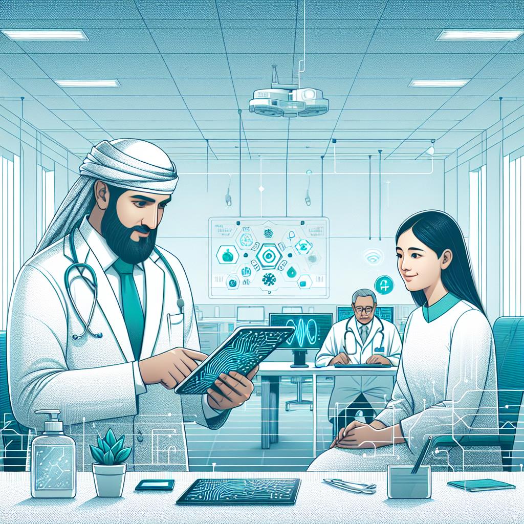 Create a 2D, linear-perspective image in a corporate flat design theme. The setting should be a hospital, rendered in whites and subtle textures. Feature a Middle-Eastern male doctor using a tablet, which displays health-related data, and a South Asian female patient interacting with him. Overlay IA elements such as circuit icons and neural network symbols onto the scene. Incorporate shades of blue to signify trust and shades of green for health. The sentiment of the illustration should convey positive aspects of innovation and hopefulness in health technology.