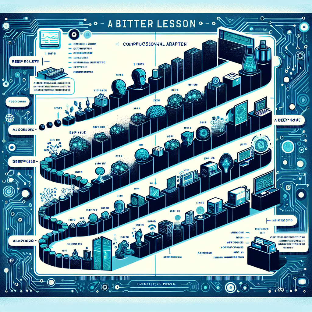 Create a 2D, linear perspective image in a corporate, vector and flat style on a white, textureless background. The primary focus is to illustrate the evolution of artificial intelligence (AI) over the course of 70 years, emphasizing approaches using computational power being more effective in the long run than those relying on human knowledge. Create an evolutionary chart demonstrating the rise of AI, with important milestones such as Deep Blue and AlphaGo clearly marked. Electronic circuits are integrated into the background design to symbolize computational power. Visual representations of Deep Blue and AlphaGo highlight historical milestones. Use cool colors including blues and greens to impart a sense of technology and innovation. Supplementary explanatory text provides context around AI's bitter lesson.