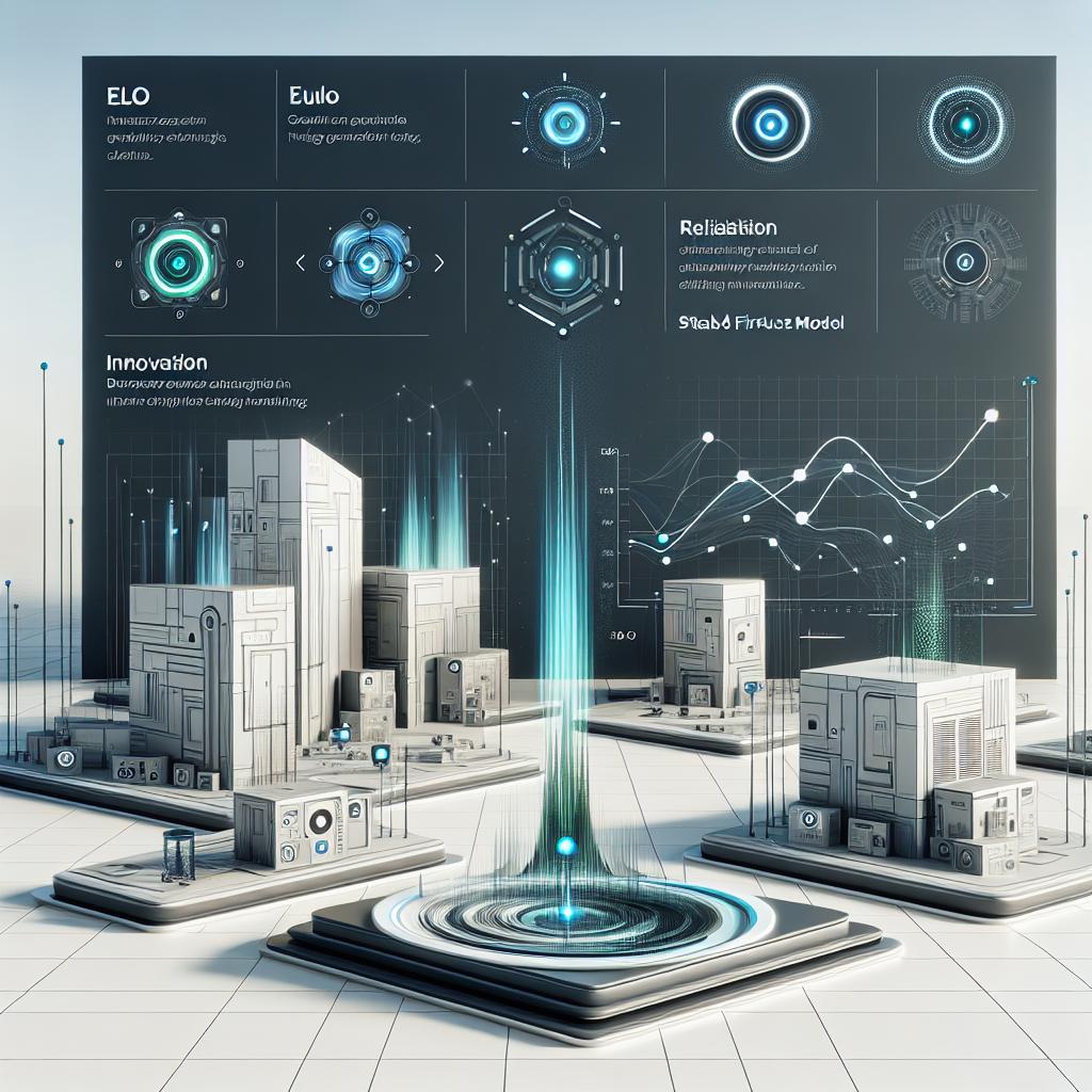 An 2D, linear perspective, vector-style staged scene showing the evolution in image generation technology. In the foreground, depict a corporate styled image with elements highlighting artificial intelligence. These include sleek, blue and green technology icons, representing innovation and reliability respectively. In the backdrop, a flat, textureless white scene that provides a stark contrast. The primary highlight is a performance chart, comparing ELO scores between Flux 1.1 Pro - a tool by the startup Black Forest Labs, developed by the founders of Stable Diffusion model, and other competitors. A clear distinction emphasizing Flux 1.1 Pro's superiority in speed and image generation quality.