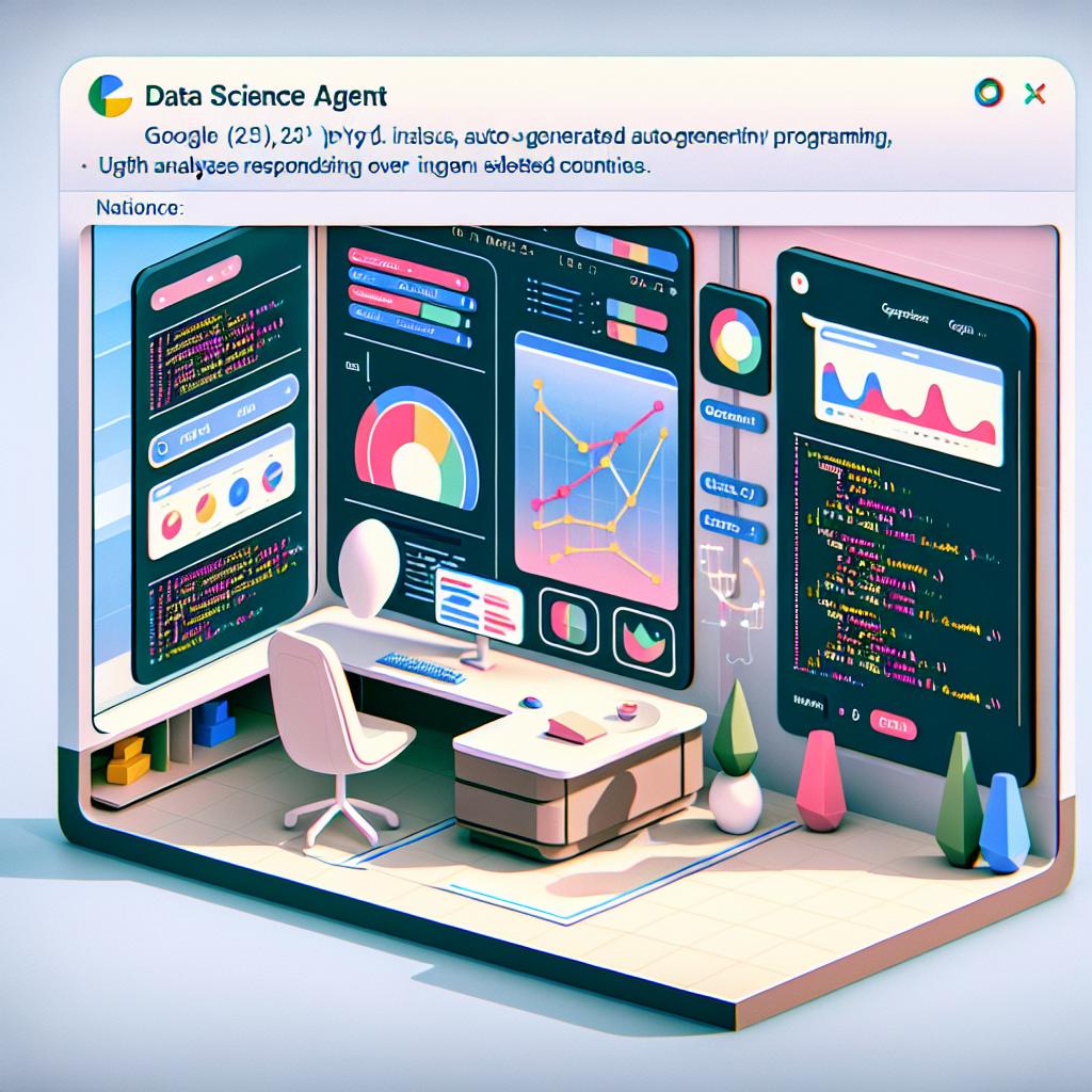 An imaginative representation of the interface of Google's Data Science Agent, announced on the 3rd of March, 2025. In a vectorial, flat, and corporate style, display a 2D, perspective-free depiction of a virtual work environment on a white untextured background. The interface should contain visible data and graphs representing different data analyses generated by the AI assistant. Python code should be present, illustrating auto-generated programming responding to natural language input from users. Soft colors should underline a sense of technology and innovation. Note that the AI uses the Gemini 2.0 model, available on the Google Colab platform for users over 18 in selected countries.