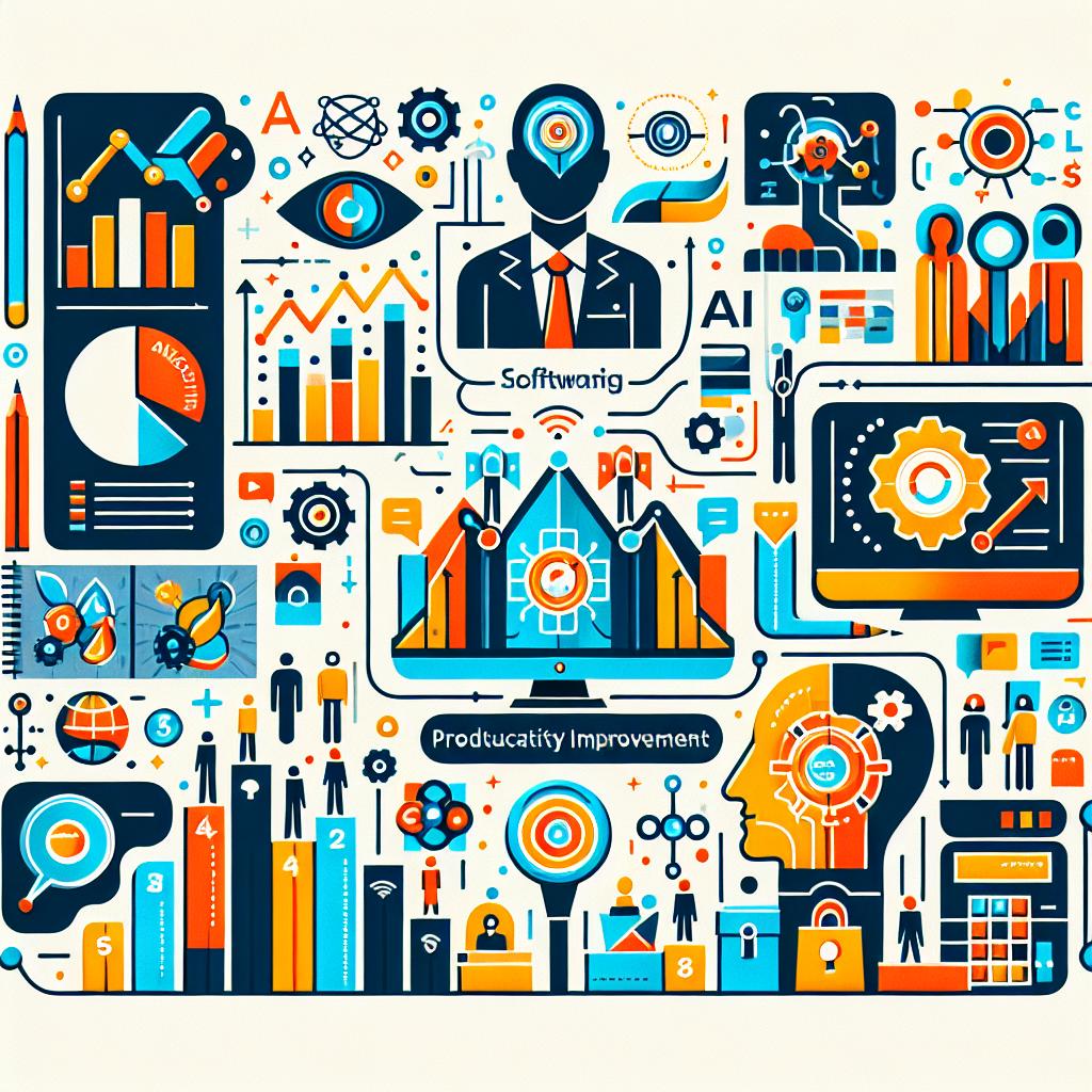 Create an image showcasing the key updates of a software named Codeium as of March 2023. The image should represent the company's main features such as AI, search, and collaboration through relevant graphs and icons, showcased in a corporate, flat and vector-based style. It needs to be depicted from a 2D linear perspective on a white, untextured background. The image elements should consist of productivity improvement graphs, AI icons symbolizing the technology, scenes illustrating teamwork, and vibrant colors highlighting innovation and modernity.