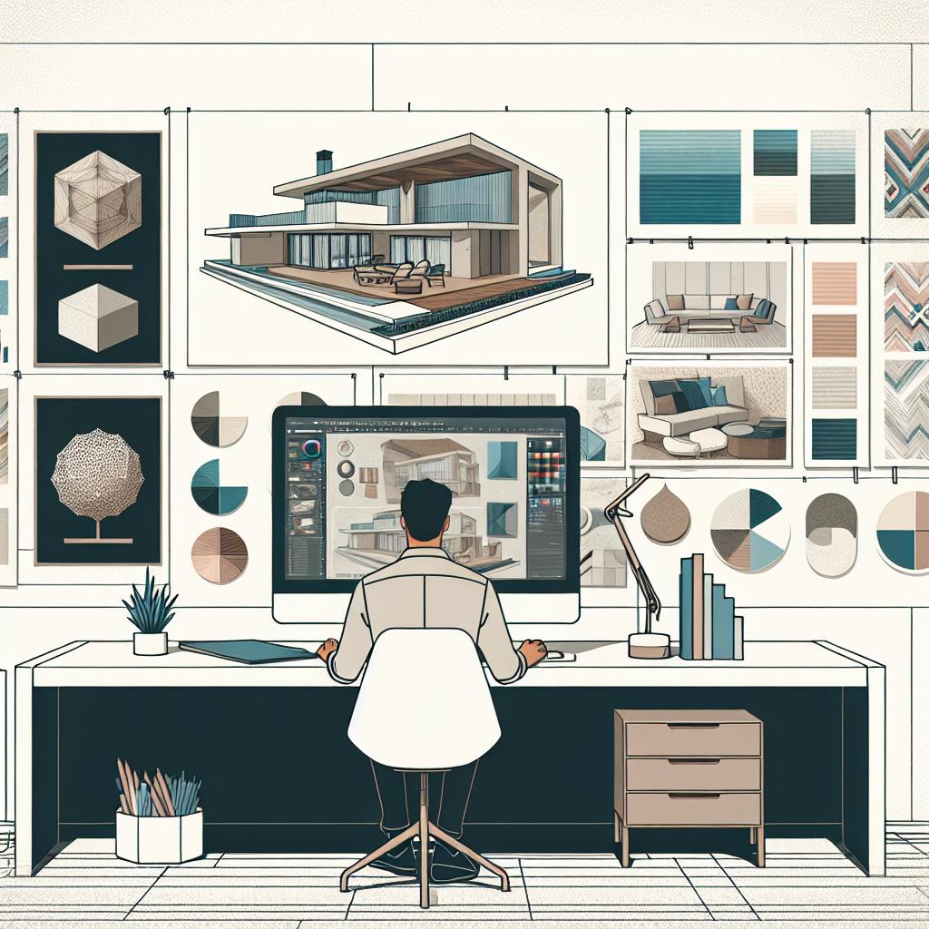 An interior designer, the centerpiece of the image, is focused on their work at a desktop computer running a 3D architectural design software, embodying their application of AI technology in high-end residential projects. On the screen, there's an intricate 3D model of a luxurious house. Surrounding the designer are diverse elements like a mood board mounted on the wall featuring cutting-edge materials with dynamic textures, and various small mockup models showcasing innovative designs. The color palette subtly includes company colors, integrating corporate branding without overpowering the scene. The style of the image is flat, vector, with a white, textureless background viewed from a 2D, linear perspective.