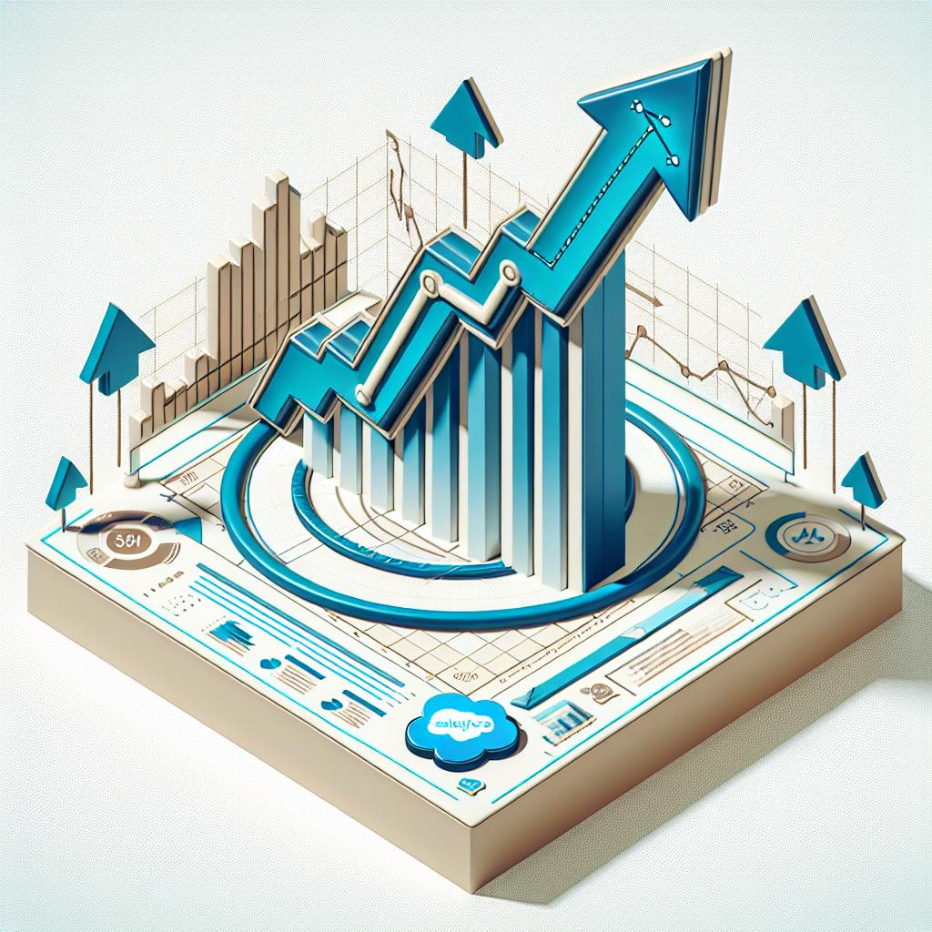 Create a 2D vector-style corporate image on a white, texture-less background, keeping it flat and linear in perspective. The central component of this image should be a chart representing the recent surge of Salesforce's stocks, indicated by an upward-trending line. Surround this diagram with arrows symbolizing the company's ascendance in the market. Lastly, incorporate Salesforce's logo for visual identification. Remember, the image must exude a sense of positivity hinting at the company's progress, especially concerning its AI integrated products.