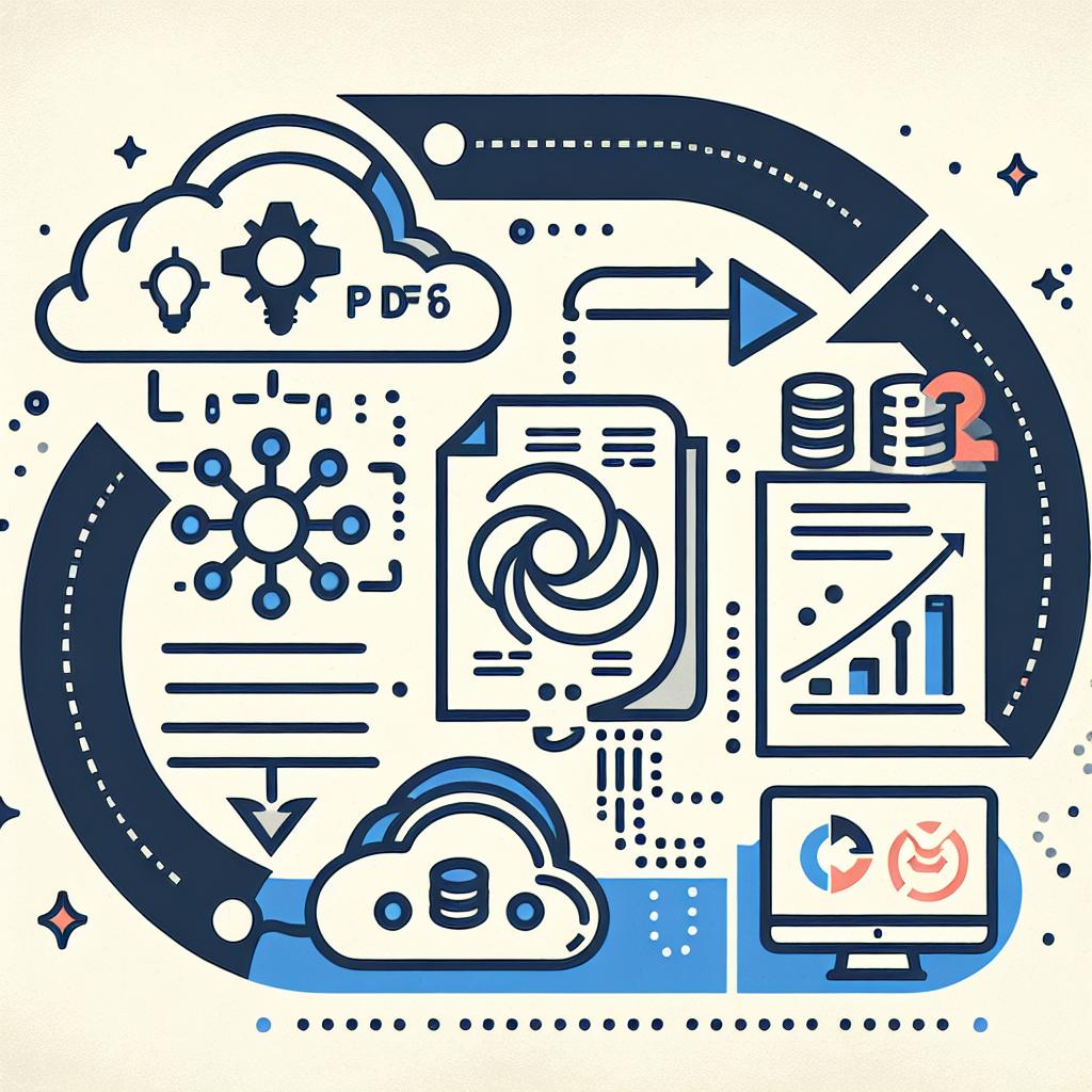 Illustrate a 2D, vectorial, flat, and corporate styled image on a white, untextured background. The image should showcase the efficiency of the hypothetical tool called 'Gemini 2.0', in transforming unstructured documents into structured data. Elements in the image should include: A PDF icon that represents document transformation; cloud icons that symbolize the use of online tools; flow lines to indicate the extraction process; and data charts to illustrate the result of the extraction.