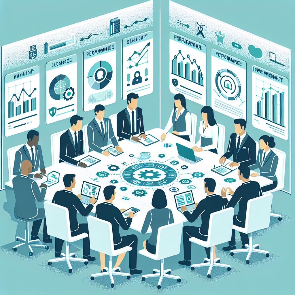 Create a flat and corporate style 2D vector image with a white, textureless background. This image should be depicting a corporate environment where people of various tensities, including Caucasian, Asian, Middle-Eastern, and Black, both male and female, are discussing strategies around a meeting table. Performance charts in the background represent the expected results of good AI governance. There should be additional elements like digital security icons to underscore the importance of data and AI security. The color palette should consist of cool colors like blue and green to evoke a sense of safety and technology.