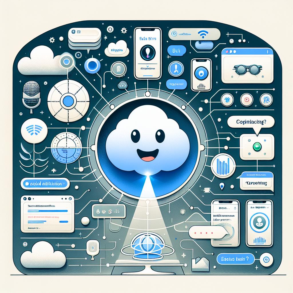 Depict the described scenario in a 2D, flat and corporate style. The image should be on a plain, white and textureless background, exhibiting a friendly voice assistant representing Siri. The assistant is integrated within a cloud interface, symbolizing Apple's new cloud infrastructure, and is interacting with an array of open applications demonstrating Siri's multi-service functionality. Also, include a happy user who's setting the expectation of the upcoming improvements. The central theme should be Siri becoming more intuitive and customizable due to the anticipated upgrades.
