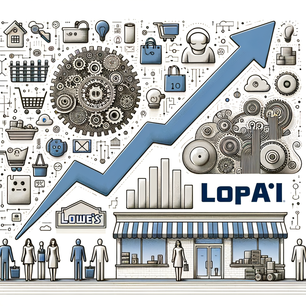An illustration representing the integration of OpenAI's AI technology into Lowe's ecommerce system. The image, drawn in a 2D linear perspective, has a style that is both vector and flat, and the color palette is suitable for a corporate setting. The white, textureless background hosts a few elements: Lowe's and OpenAI's logos, representing their partnership; household-product icons, signifying Lowe's offerings; an upward graph, indicating an increase in data accuracy; intricate gear and circuit designs, symbolizing the application of AI and technology; and satisfied customers of varied descents and genders, embodying an improved user experience.