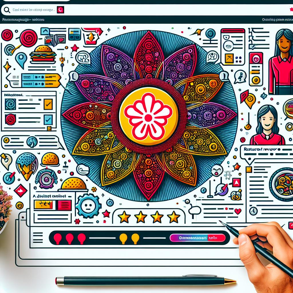 Create a detailed 2D, linear and vectorial image in a flat, corporate style on a white non-textured background. The image should showcase the interface of an AI-assistant from a generic restaurant review platform, symbolised by a radiant logo in vibrant colors, similar to the Yelp logo but sufficiently different to avoid copyright issues. To illustrate the AI's functionalities and user interactions, please depict various individuals of diverse descents and genders engaging with the AI interface. Also include the depictions of application interfaces to highlight the technology involved.