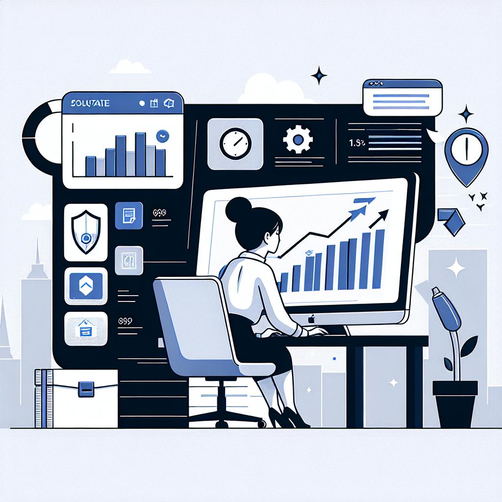 Illustrate an image in a flat vector style, corporate aesthetic with a 2D, linear perspective on a plain white background. Show an Asian female user working on a Mac with Microsoft Office. To demonstrate speed and efficiency, incorporate elements like performance graphs and cleaning icons. Further, set the scene in a typical office environment to highlight the context of Office use. Add elements like update indicators to emphasize the importance of keeping the software up-to-date. The overall image should convey practical and effective solutions for optimizing software performance.