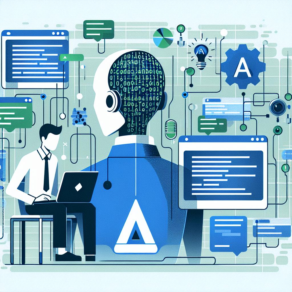 Create a corporate, flat, vectorial image in 2D, linear perspective. The image should illustrate the collaboration between Codeium, an AI coding assistant, and VS Codium, an open-source IDE. The image atmosphere should evoke innovation and technology, utilizing hues of blue and green. It should incorporate code icons to represent programming and possibly depict a developer working on a laptop to add a human element to the technology. The background should be white and texture-free for simplicity. This picture symbolizes the merger between technology and ethics in software development.