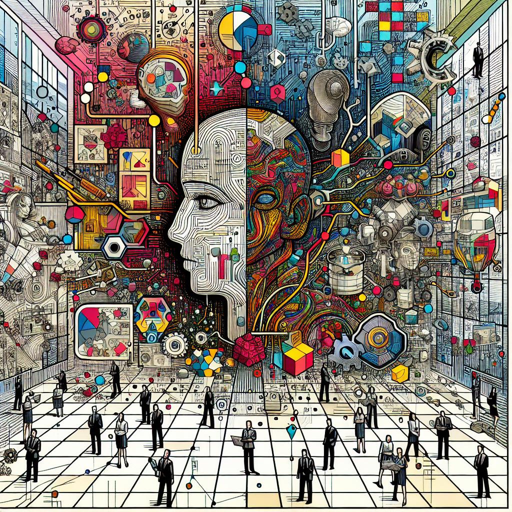 Visualize a symbolic intersection of art and technology in the field of comic book industry. The image should be depicted in a flat, vector style with a 2D linear perspective. The background should be clean, white, and textureless, imbuing a corporate atmosphere. The intricate collage incorporates elements of comic books expressing the industry's essence and vibrant, brightly colored algorithms to symbolize the influence of artificial intelligence. Human artists are integrated into the design, emphasizing their vital role in creation. The resulting collage should appear as a harmonious blend of artistic creativity and technological innovation, reflecting the vivid world of comic books.