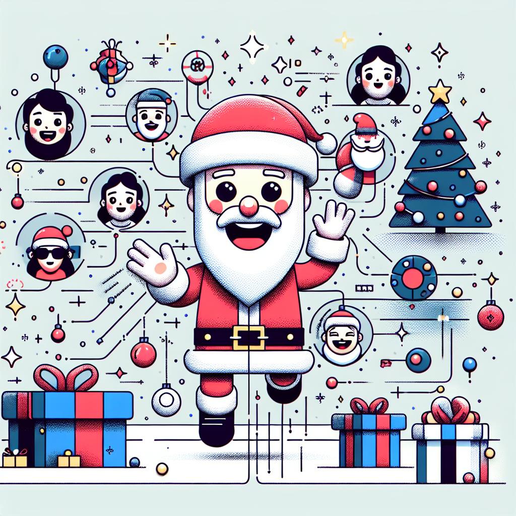 Create a festive image in 2D, linear perspective with a flat, vector-style design. The image depicts a whimsical avatar of Santa Claus as the central character, looking excited and cheerful. He is surrounded by traditional Christmas motifs such as Christmas trees, gifts symbolizing the act of giving and receiving, and bright lights capturing the joy of the holiday season. These elements are set against a clean, white, textureless background, creating a corporate feel. The overall illustration should evoke a fast, fun, and innovative way of communicating unique messages using AI avatars.
