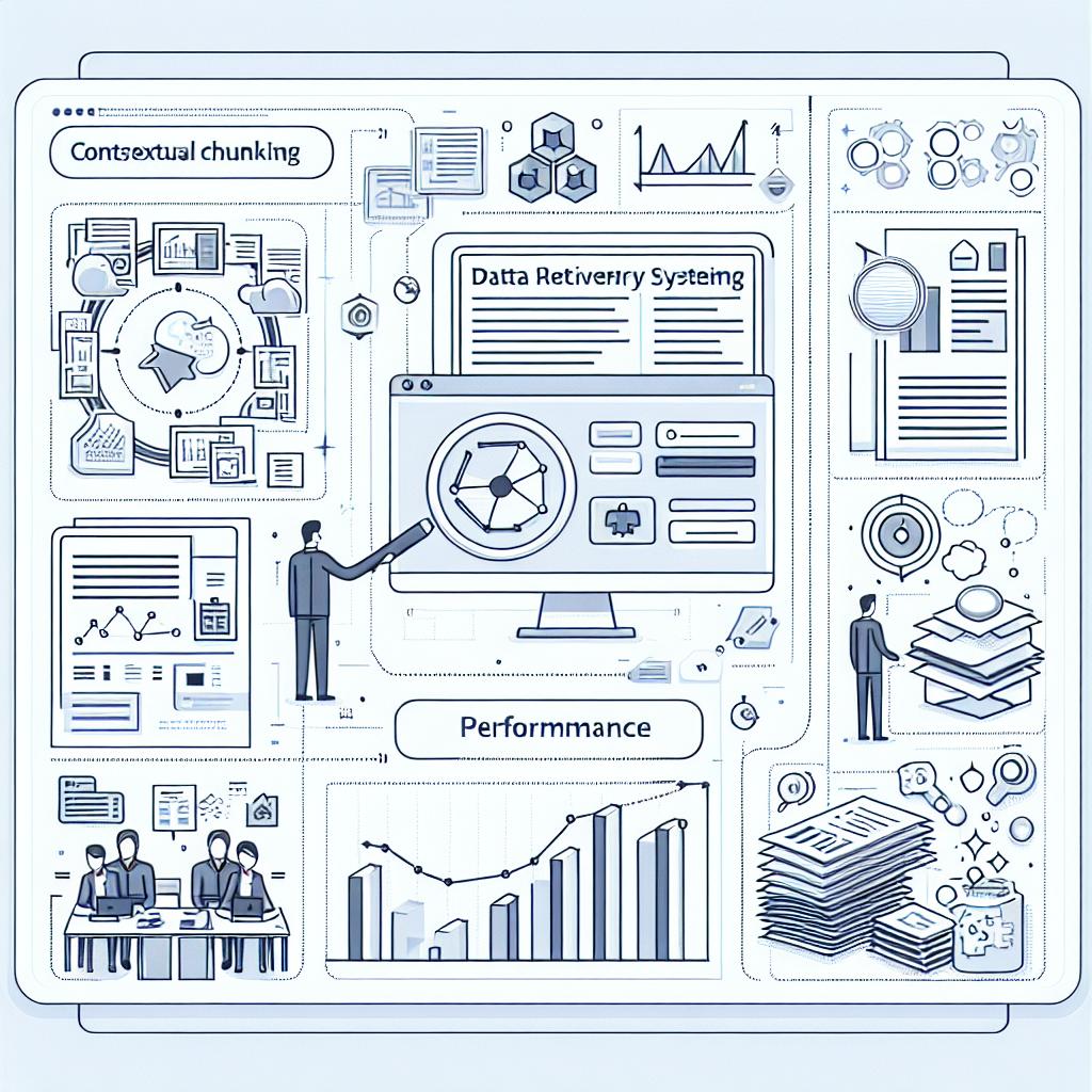 Create a 2D, linear, vector image in a corporate and minimalist flat style. Picture a clean white, texture-less background. The main focus is on a data retrieval system interface, representative of a software called 'Unstructured'. It should prominently highlight a feature called 'Contextual Chunking', which is meant to improve data recovery accuracy in complex document processing while preserving context. Incorporate visual elements to show the relation between data and insights in a modern corporate setting. Additionally, portray a user seamlessly interacting with the interface to demonstrate ease of use. Scatter complex documents around to symbolize the diversity of processed data. Finally, include performance graphs indicating efficiency improvements.