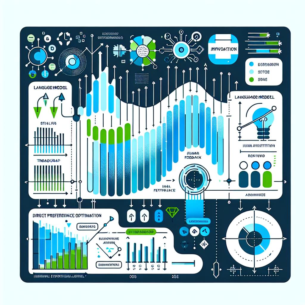 Design a flat, corporate-style 2D vector art, resonating with innovation and technology. The main focus of the illustration is a graph demonstrating the evolution of language model alignment techniques. Highlight the impact of Direct Preference Optimization (DPO) over traditional human feedback reinforcement learning (RLHF) methods. Further, include visual elements related to artificial intelligence and algorithms. Set this depiction against a white, textureless background. Also, incorporate blue and green hues, symbolizing innovation and technology. Lastly, use arrows to indicate the progress and evolution of the methods.