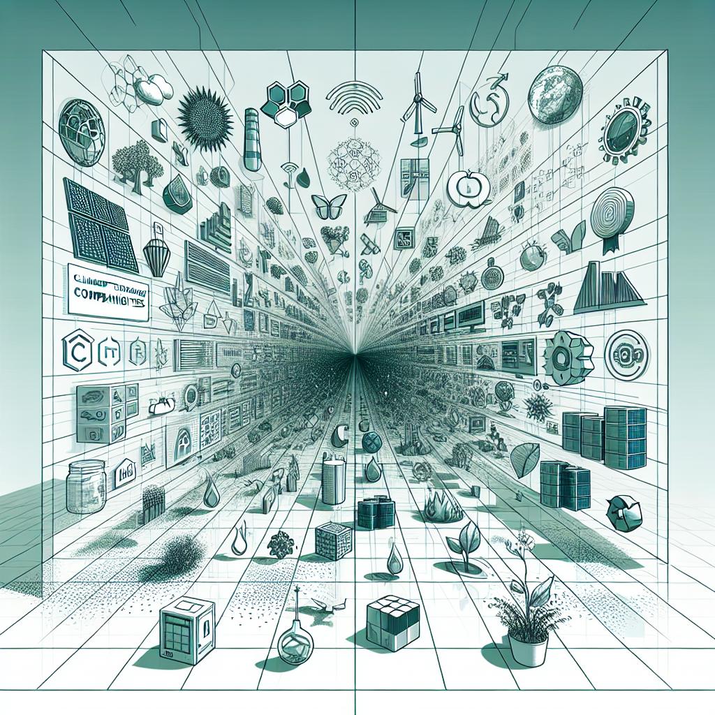 A 2D, vector-style, linear perspective illustration of the 15 climate technology companies as rated by MIT Technology Review for the year 2024. The companies are depicted using various symbols that represent renewable energy, fire detection, and sustainable chemicals. The background of the image is stark white and textureless, giving primacy to the corporate-looking symbols. The picture is awash with green and blue shades symbolizing sustainability and technology respectively. Furthermore, the illustration should incorporate additional elements like natural elements symbolizing the connection with the environment and technology icons portraying innovation and progress.