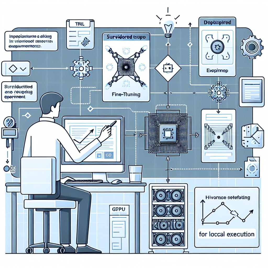 Create a detailed 2D, linear perspective vector image in a Corporate, Flat style on a white and textureless background. Depict a software engineer, of any gender and descent, implementing supervised fine-tuning experiments using the trl and DeepSpeed libraries. Emphasize the interaction between the trl and DeepSpeed components, as well as the setup required for local execution. Add elements such as a flowchart that shows the steps of the fine-tuning process, GPU icons that represent the need for specific hardware, and directional arrows indicating the data flow between the process stages.