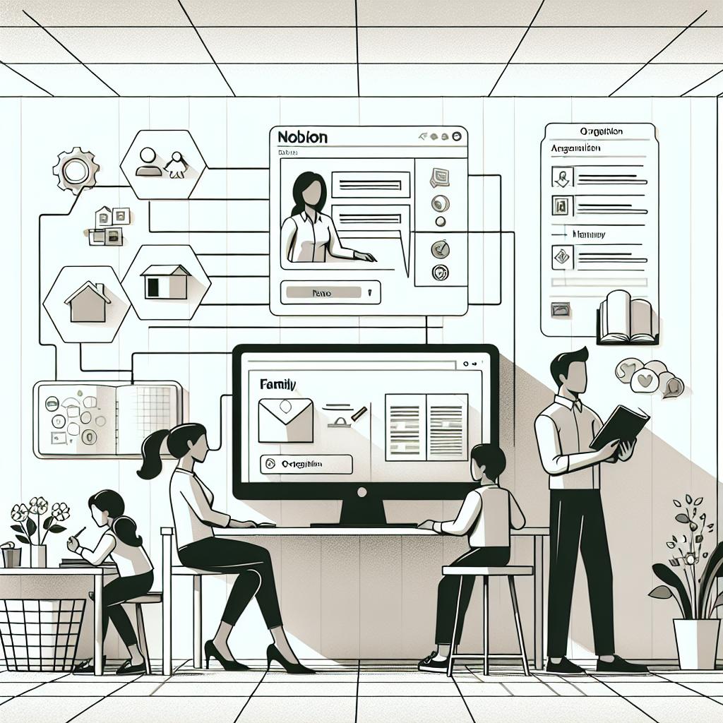 A 2D, linear perspective image in the vector style with a flat, corporate feel. The setting is a workspace with a white, untextured background. In the center, a computer symbolizing technology as an organizational tool. The computer screen displays the Notion interface with visible templates for family organization--from meal planning to school activities. Signifying the theme of collaboration and the importance of family, we see a diverse family of four in the background--a South Asian father, a Hispanic mother, a Middle Eastern son, and a Black daughter--all interacting with each other and the organizational process.