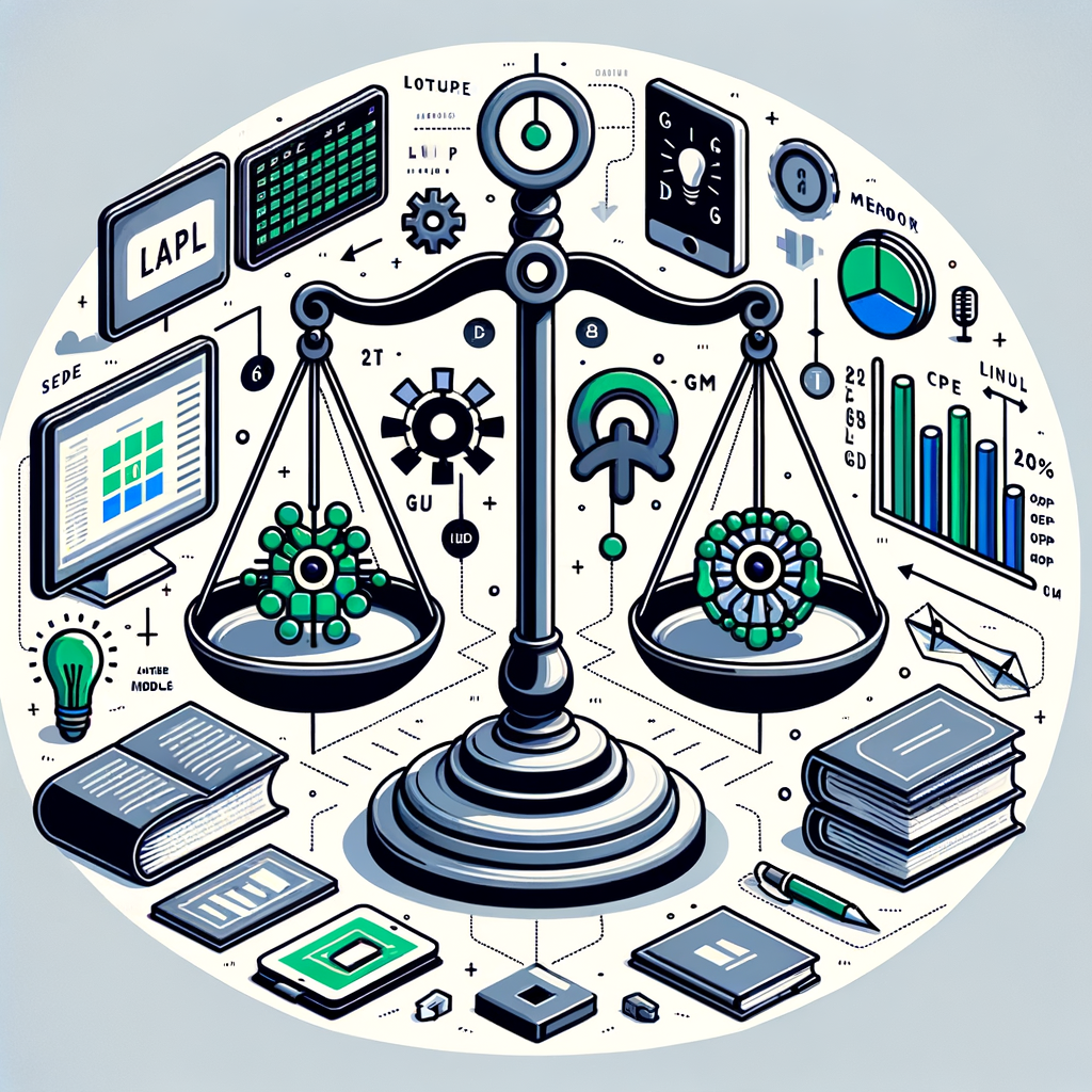 Create a 2D, vector-style image featuring elements that represent the complexity of decision-making in language model adaptation techniques. The central element should be a scale, symbolizing the choice between fine-tuning and other methods. Around the scale, depict a computer representing technology and language models, a bar chart contrasting performance between techniques, and icons for memory and GPU to depict the resources necessary for fine-tuning. A book should be included as a metaphor for the need for external knowledge in some applications, while icons representing different languages indicate the need to adapt models for underrepresented languages. The image should be corporate and flat with a white, textureless background.