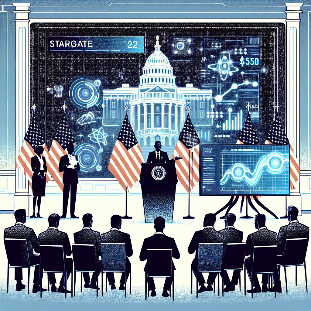 Depict a corporate event taking place on Tuesday, January 22, 2025, where a prominent American public figure, accompanied by technology company executives, announces the creation of Stargate, a significant artificial intelligence infrastructure initiative in US history, with an initial investment of $100 billion potentially reaching $500 billion in the coming years. This scene occurs at an official government residence, with American flags in the background and AI charts projected onto screens. The image style is vector-based, flat, and corporative, presented from a 2D, linear perspective on a plain, textureless white background. The focus is on the executives to illustrate the collaboration among technology companies.