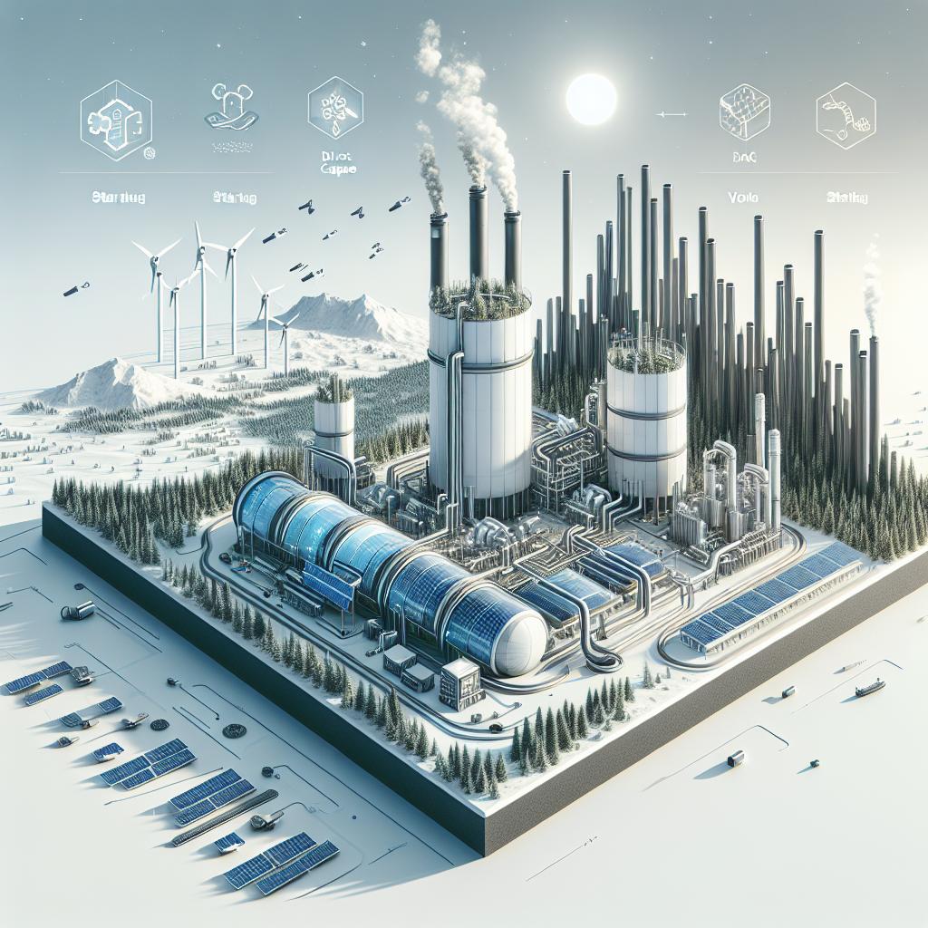 Create a futuristic 2D, vector-style, flat corporate image on a white, untextured background. The main focus is an innovative carbon capture facility in Alberta, Canada. This facility is adorned with solar panels to signify the use of renewable energy in the process. The Direct Air Capture (DAC) technology is represented by different types of tubes emerging from the structure. In the backdrop, portray a pristine landscape further emphasizing the goal of a sustainable future. Also include other starting companies in the background, symbolizing innovation and healthy competition in the sector.