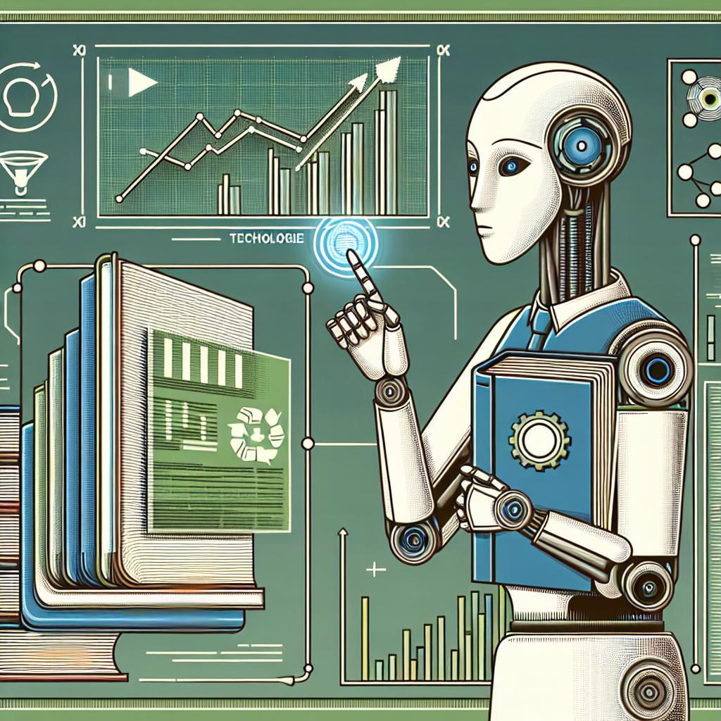Create a 2D linear perspective, vector-style image with a corporate feel, featuring a sophisticated AI robot interacting with a digital panel. The panel is displaying technology growth graphs. In the AI robot's other hand, it holds a stack of books, the embodiment of the union between human knowledge and Artificial Intelligence. The background is untextured and colored in modern shades of blue and green to symbolize technology and renewal. The elements represent the recent advancements in AI, with the digital panel and graphs signifying the future and impacts of AI innovations, and the books exemplifying human knowledge and education.