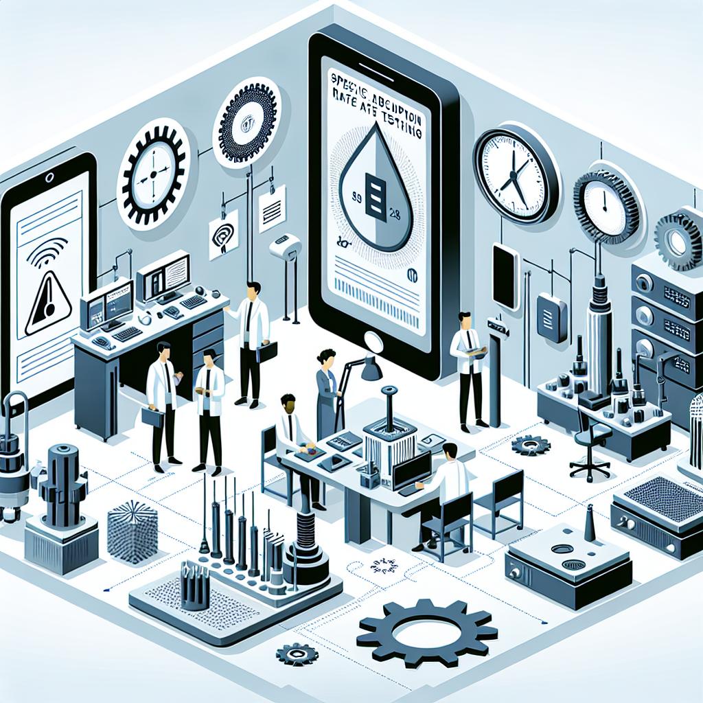 Depict a 2D, vector-style, flat and corporate themed illustration. The scene should be set in a laboratory environment specialized in Specific Absorption Rate (SAR) testing, which signifies its focus on wireless device safety standards. This space is devoid of texture and set against a plain white background. In the laboratory, engineers of various descents and genders are collaborating on the setup of testing equipment. The image also contains abstract icons of gears and computers showcasing the mix of mechanics and modern technology utilized in the process. Safety diagrams are dispersed throughout to underscore the emphasis on safety standards.