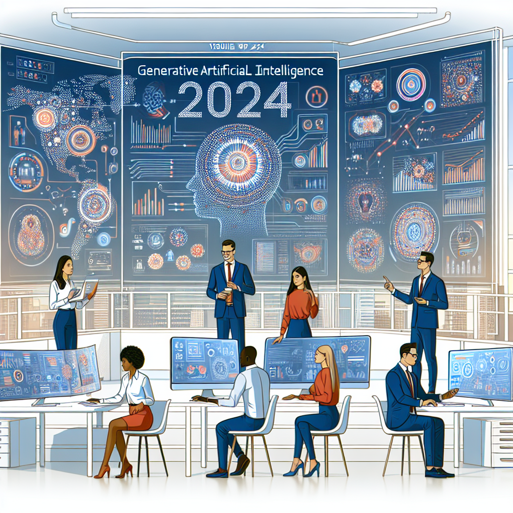 Visualize the year 2024 depicting the transformative impact of generative artificial intelligence on businesses. The image should be in a modern, white office-setting where diverse professionals - including a Hispanic woman, a Black man, a Middle-Eastern woman, and a Caucasian man - are interacting with screens displaying graphics and data generated by AI across various business roles like sales, marketing, and customer support. Ilustrated in a 2D linear perspective with vector-like quality that possesses a flat and corporate style. Additional elements like interactive screens, real-time data analysis, and vibrant colors representing energy and dynamism should be included. The overall environment should reflect innovation and digital transformation.