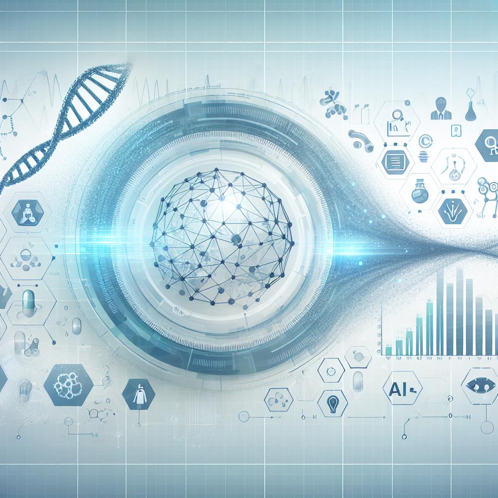 Create a 2D, linear perspective image with a vectorial, corporate style, illustrated on a white, untextured background. The image should visually portray the integration of AI in the pharmaceutical sector including elements such as data charts and digital representations of molecules. Data charts should illustrate the impact of AI on analyzing large volumes of information symbolizing innovation and efficiency. The digital representations of molecules should symbolize the research and development of new medications. Use cool colors in the composition to convey a sense of technology and progress. Include health-related icons to symbolize the research focus on human health improvements. Add a futuristic backdrop to suggest an insight into the future of health with AI.