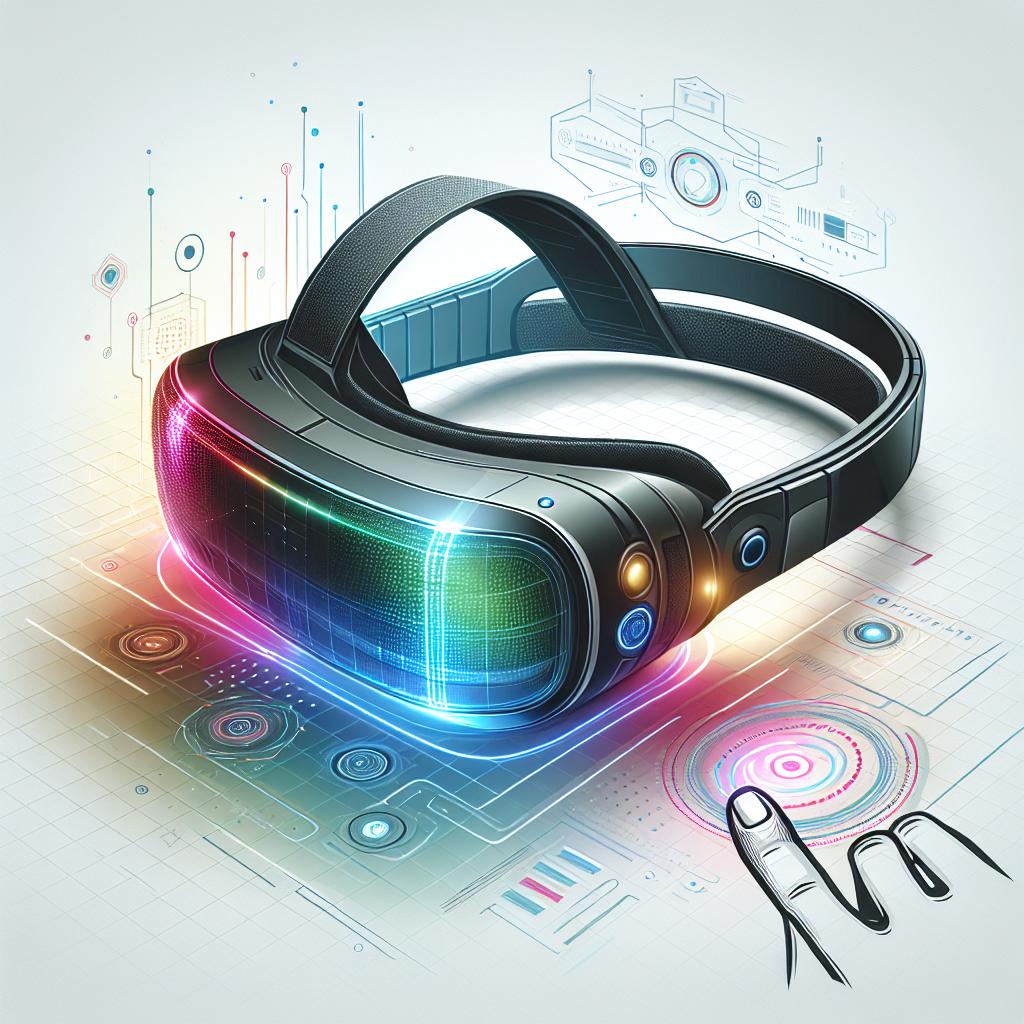 Picture a sleek, futuristic headset called Vision Pro, glowing with vibrant colors, resting against a white, textureless backdrop. The headset is designed with advanced features and a modern user interface reflecting artificial intelligence capabilities. Additional visual elements include a digital environment that symbolizes spatial content, further underlining its innovative design. All of these elements are shown in a 2D, linear perspective, rendered in a vectorial, flat, and corporate style.
