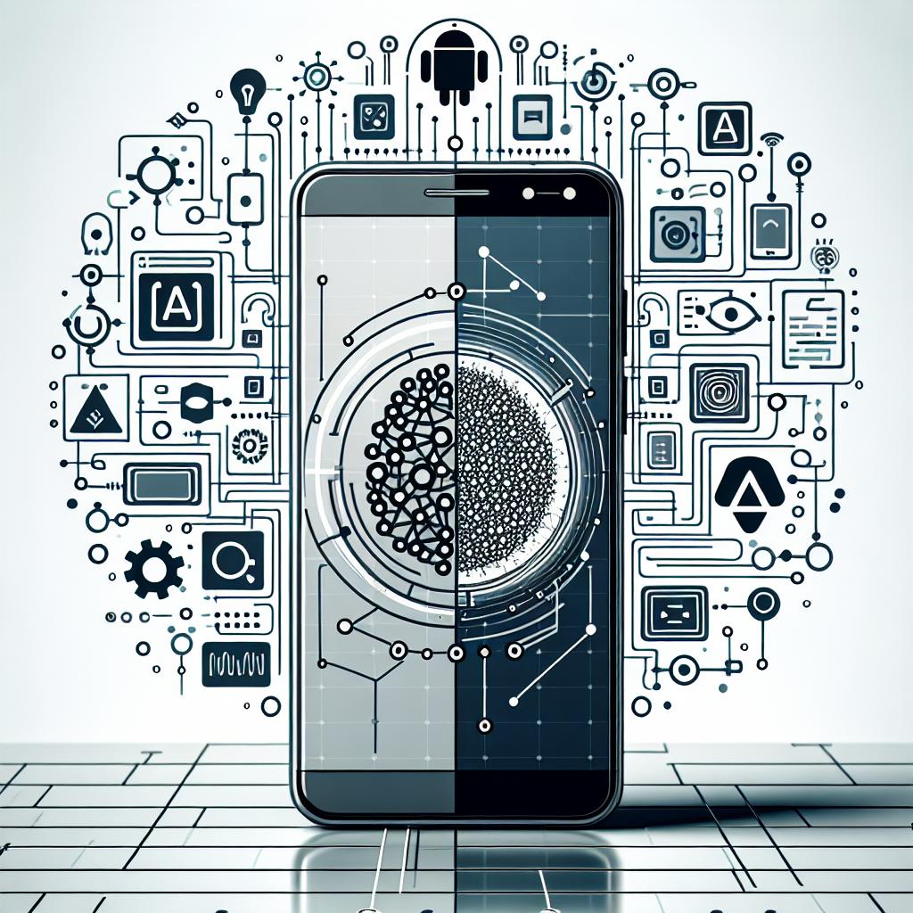 An image in a flat, corporate, 2D linear vector-based style, representing the strategic partnership between two tech companies. The background is a non-textured white surface. In the foreground, the symbols of two tech companies are displayed alongside a modern-looking smartphone to emphasize their collaboration in device innovation. Additionally, graphical representations of Artificial Intelligence (AI) concepts are portrayed, linking directly to the main idea of the strategic collaboration in providing generative AI-based devices for the next decade. Note, represent the tech companies' logos in a nondescript manner without directly depicting their actual logos.