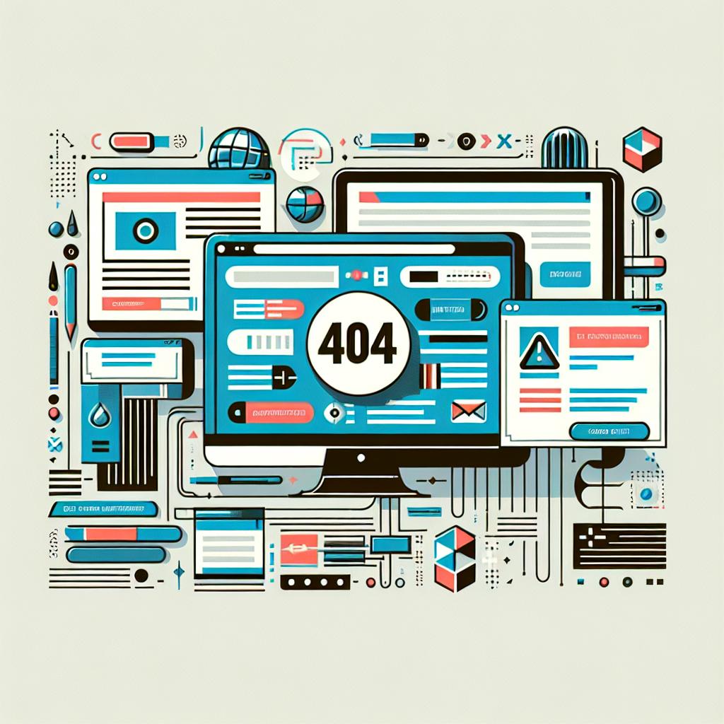 Generate a corporate-styled, vector, and flat 2D image set on a white, textureless background. The primary subject should be a modern web interface displaying a 404 error. In addition, incorporate graphical elements that convey the concept of confusion and frustration experienced by users when they encounter this error. The image also needs to show an error icon symbolizing the 404 issue and alternative navigation options suggesting routes to other content. Use a cool color palette to portray feelings of frustration, simultaneously providing a sense of calmness. Lastly, the image should contain some informative text giving users guidance on what actions they should take after encountering the error.