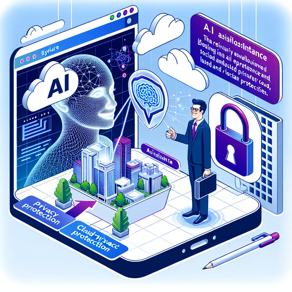 Illustrate an image employing a 2D, linear perspective, and corporate style. The scene should be set in a digital environment, depicting a contented user interacting with an AI assistant, symbolized by neural network diagrams. Additional elements include a padlock to represent privacy protection and clouds, signifying cloud-based and local operations. The styled artwork should be vectorial and flat, with a clean and untextured white background. The focus should be on the revolutionary browsing experience steeped in advanced AI technology and stringent privacy safeguards.