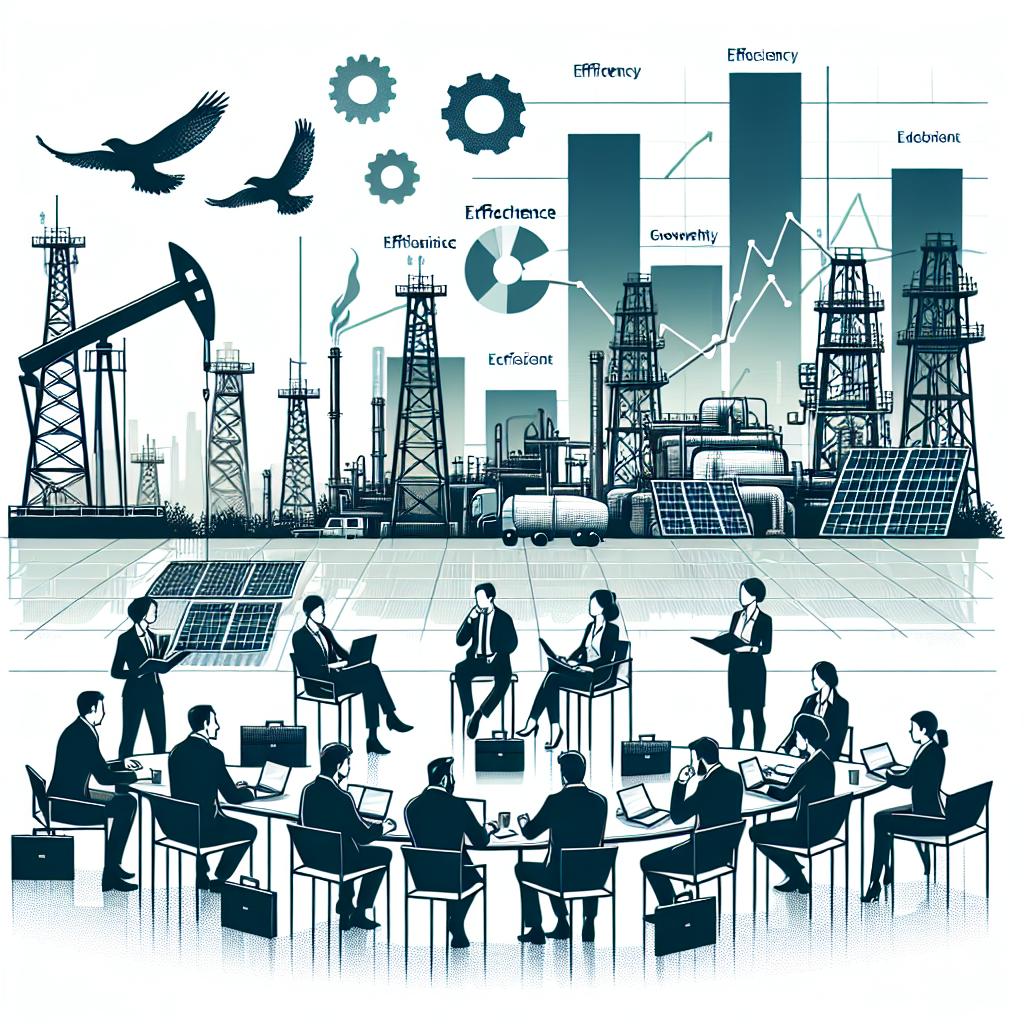 Create a vector-style, 2D image with a corporate vibe on a texture-free, white background. Depict a team of professionals from a diversified descent and gender, dressed in business attire, engaged in a meeting, maintaining the diversity of the team. We want the scene to attributively represent the energy industry. In the background, implement efficiency growth graphs, visually demonstrating the influence of AI in the sector. Include iconic elements related to the energy industry, such as oil drilling towers and solar panels, which act as a symbol of sustainability.