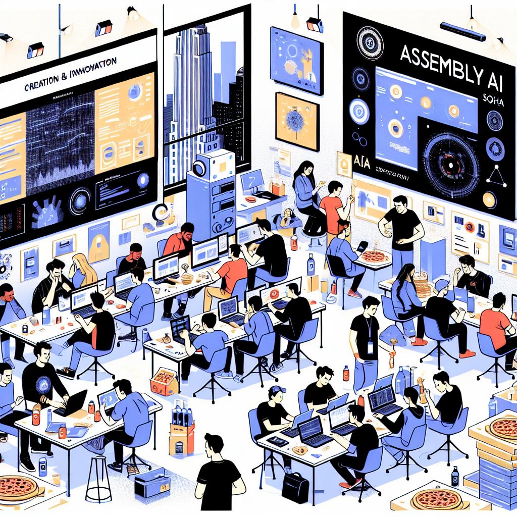 A moment of creation and innovation at a hackathon set in New York City on December 6, 2024. Developers have gathered in SoHo for an event hosted by AssemblyAI, working on innovative projects using AssemblyAI's Speech AI technology. Visualize the bustling activity - a group of diverse developers, comprising of both Caucasian and Hispanic men and women, engrossed in their projects, with computers symbolizing the tech development, and pizzas and beverages illustrating the relaxed and collaborative atmosphere. Include screens displaying the innovative projects being worked on and images depicting presentations reflecting the sharing of ideas and solutions. The style is purely vectorial, flat, and corporate, in 2D linear perspective, set against a white, untextured backdrop.