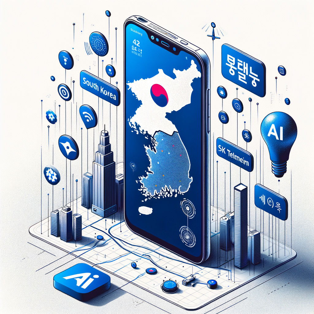 Visualize a vector-style, flat, and corporate-themed image set against a white, texture-less background. In this image, the main elements are a smartphone, symbolic of South Korea's high smartphone adoption rate. On the smartphone screen, display the logos of Perplexity, a tech search company, and SK Telecom, South Korea's largest telecom provider, indicating a partnership between them. The inclusion of the logos highlights the brands and the new tools available to users. Include a map of South Korea to geographically show the impact of this partnership. Scatter AI icons around the phone and map to signify the implementation of artificial intelligence in these new tools. The perspective of the image is 2D and linear.