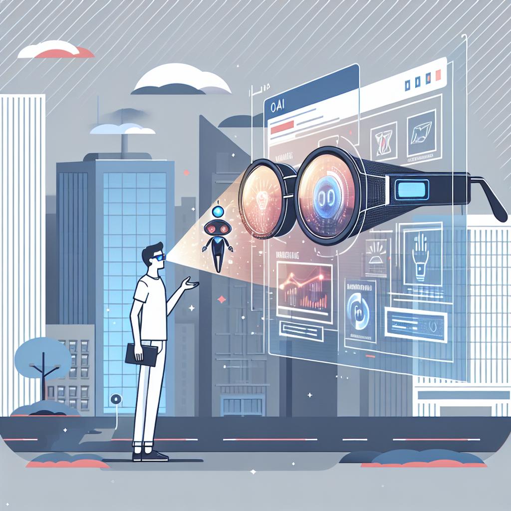 Imagine a 2D, linear perspective visual in a vector, flat, corporate style. In a near-future urban setting, a user with technological glasses stands, receiving valuable data whispered by a magical creature representing an AI voice assistant, highlighting human interactions with smart devices. This phenomenon is known as the 'Whisperverse'. These smart glasses merging tech into the user's daily life. The glasses are projecting a holographic display, showing examples of real-time information and reminders. As the backdrop, keep a clean white and textureless background.