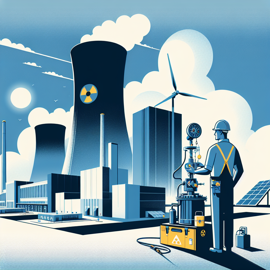 Imagine a scene set against the backdrop of the Three Mile Island nuclear plant in Pennsylvania, stark and prominent under a blue sky peppered with clouds. In the foreground, we see a Middle-Eastern male worker inspecting energy generation equipment, embodying the resurgence of nuclear power. The image conveys a sense of optimism and innovation. This scene is presented in a flat, vector-based corporate style on a white, texture-less background, viewed from a 2D linear perspective. Additional elements include the worker, who symbolizes the labor force, the equipment representing plant technology and infrastructure, the blue sky signifying a bright and sustainable future. A logo vaguely reminiscent of a big technology corporation is visible, highlighting an important alliance, while solar panels are seen, symbolising the blend of renewable and nuclear energy.