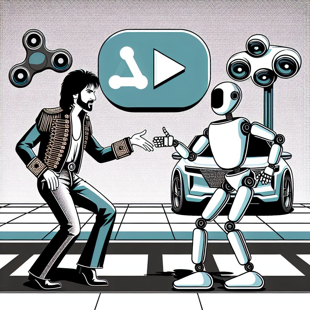 Create a 2D, linear perspective, vector-style image with a white and texture-free background. In the scene, a recognizable celebrity figure with dark hair and a fashion-forward wardrobe is interacting with a futuristic-looking robot, playing a game of rock-paper-scissors. In the background, there's a unique autonomous vehicle, representing the dawn of a new era in transportation. Also, include a symbol that represents a popular video sharing platform to signify the influence of celebrities in the acceptance of new technologies.