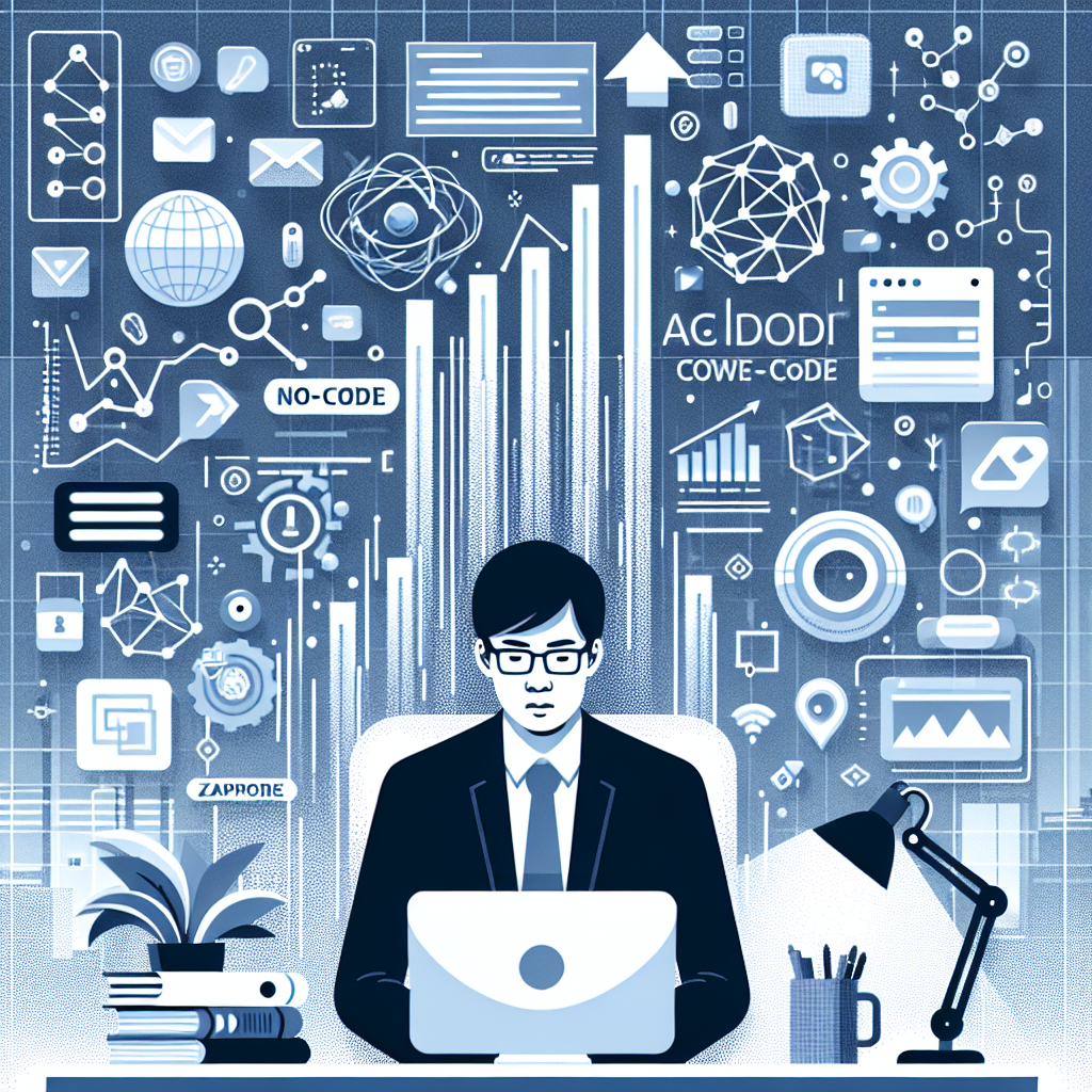 Visualize a 2D, vector-style image in a corporate flat design aesthetic. The setting of the image is a modern office space. The main subject of the scene is an Asian man, a software developer, who is busy at work on his computer. Surrounding the developer are a variety of icons representing diverse no-code and low-code tools, such as abstract symbols for giants in the field like Make, Zapier, and Activepieces. Rising from the background of the image are growth charts to symbolize the predicted impact of AI on global economy in coming years. The illustrations are designed on a clean white and texture-free backdrop revealing a futuristic and technological vibe to the overall setting.