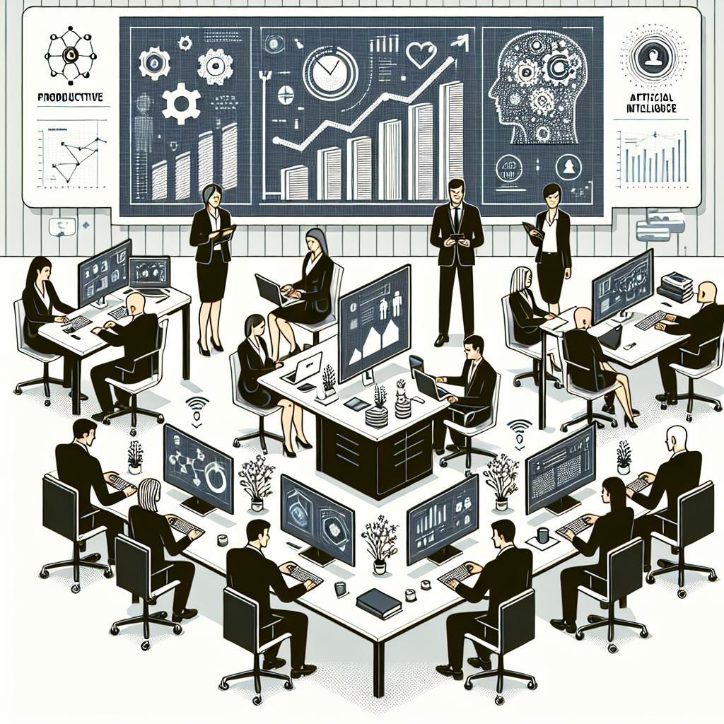 Create a 2D, linear vector illustration with a corporate, flat style, showcasing a modern law office filled with attorneys. The attorneys, a mix of men and women from differing descents including Caucasian, Hispanic, Black, Middle-Eastern, South Asian, should be distributed around the office using computers and mobile devices. Graphical representations of productivity increases and artificial intelligence are displayed on large screens in the background, symbolizing technological innovations integrated in their work processes. Other elements in the scene include collaborative activities among the team members, which suggests the team's effective synergy. The image should be set against a plain, untextured white background, illustrating the clean, efficient environment of a digital-transformed law sector.