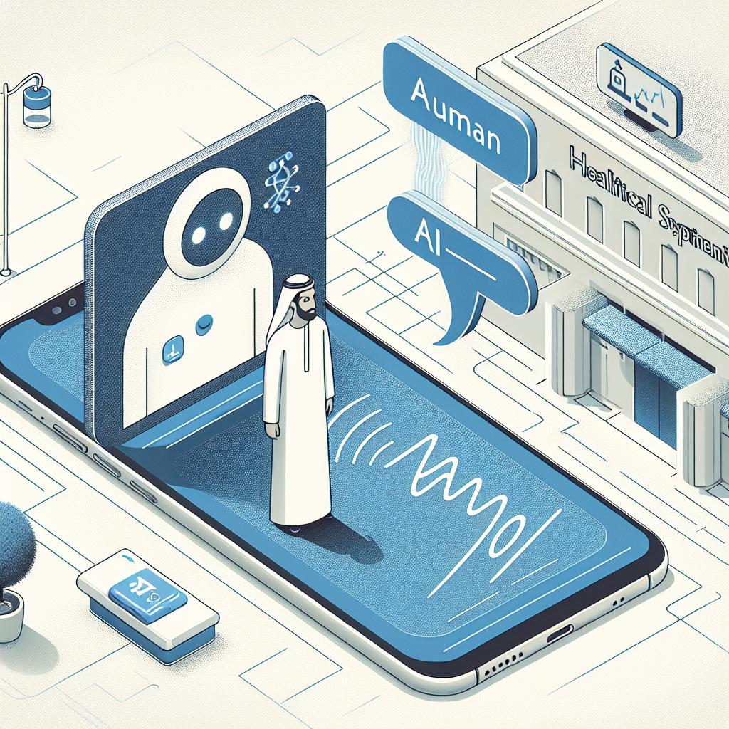 Create an image in a 2D, vector-style, and corporate design. The image should focus on the interaction between human and AI in a healthcare setting. The primary element is a smartphone screen showcasing a virtual assistant, symbolizing AI's role in patient care. The virtual assistant should be interacting with a Middle-Eastern male patient, emphasising the human element of healthcare technology. The phone should appear against a simple, untextured white background, with an illustration of a hospital environment subtly hinted in the backdrop, to underline the connection to the healthcare system. The overall impression should be one of accessibility and technological advancement in healthcare.