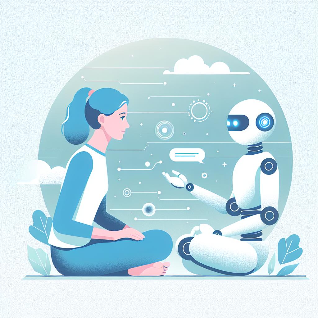 Create a 2D, vector-styled image in a corporate flat design, set in a calm and tranquil environment. This image should depict a user interacting with a chatbot, denoting its therapeutic nature. The user and the chatbot should be placed against a plain white, texture-less background, actively engaging in a dialogue, symbolising the connection between humans and AI. Use soft colors to emanate an aura of peace and well-being. Incorporate graphic elements representing Artificial Intelligence to highlight the technological aspect of the session.