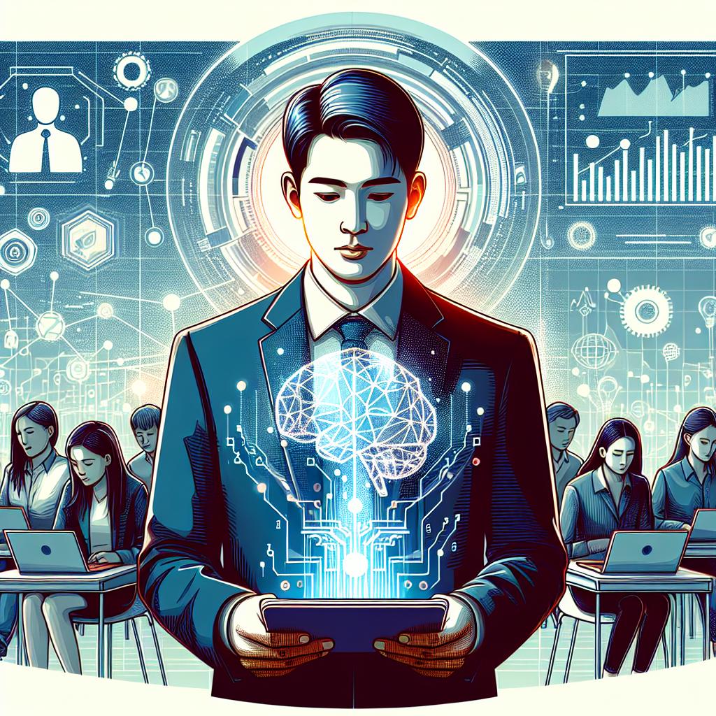 Title: A Tech CEO Announcing AI Investment
Image: Last Saturday, during a future-oriented summit, the CEO of a major internet services company announced a $120 million investment in a new education fund in artificial intelligence, dubbed the 'Global AI Opportunity Fund', aimed at bridging the AI skill gap among nations. A portrait of the tech CEO at the summit, enveloped in an ambience symbolizing technology and education, with data graphics and students engrossed in learning in the background.
Style: Vector, Flat, Corporate
Background image: White and texture-less background
Perspective: 2D, Linear
Additional Elements:
* A generic internet company's logo - represents the company responsible for the initiative.
* data graphs - symbolize the analysis and impact of AI.
* books and laptops - symbolize the focus on education.
* Students of various backgrounds - illustrate inclusion.