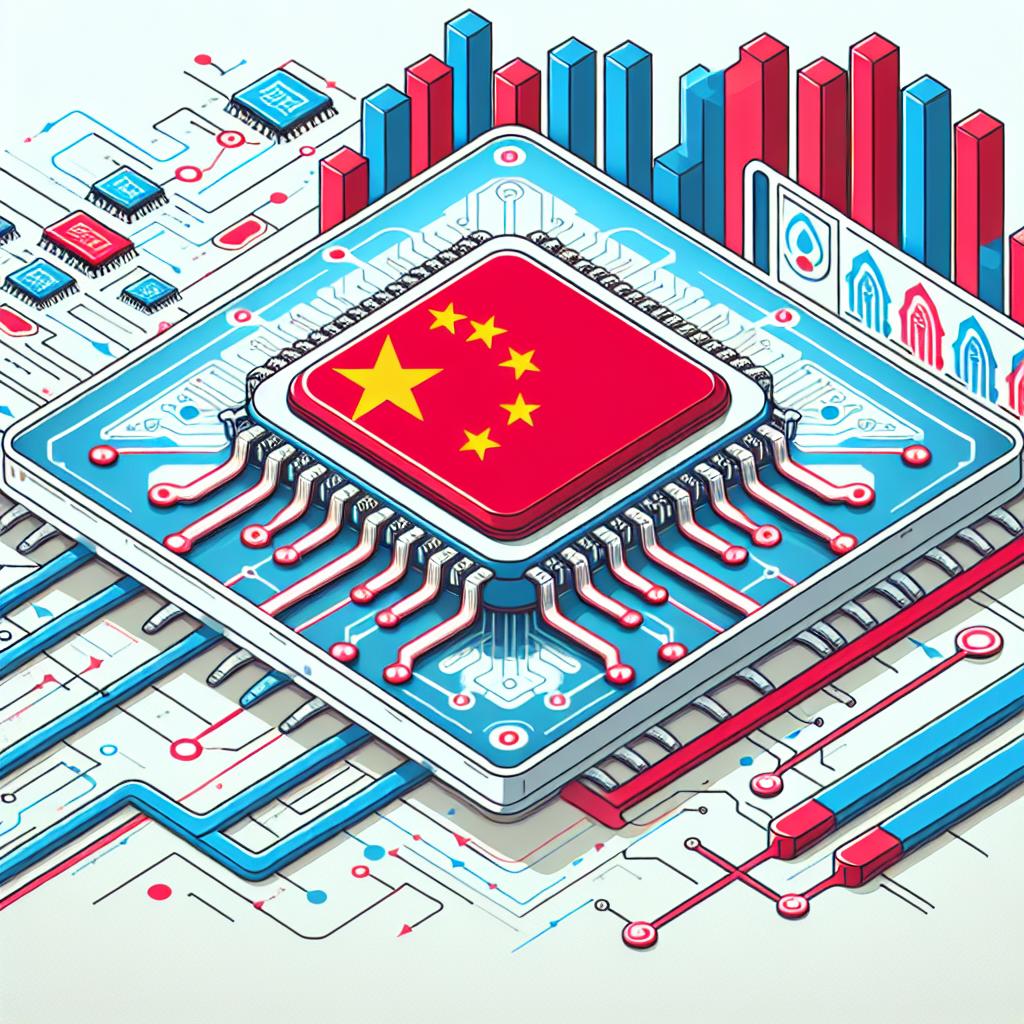 Create a 2D, linear perspective image in the style of a corporate, flat vector illustration. The background should be white and textureless. The image should represent the advancement of AI technology in China, prominently featuring AI chips to symbolize Chinese technological innovation. Include growth charts to symbolize advancement and competition in the sector. Use the colors of the Chinese flag to reinforce national identity in this technological context. Incorporate technology symbols, such as circuits and networks, to emphasize the theme of AI.