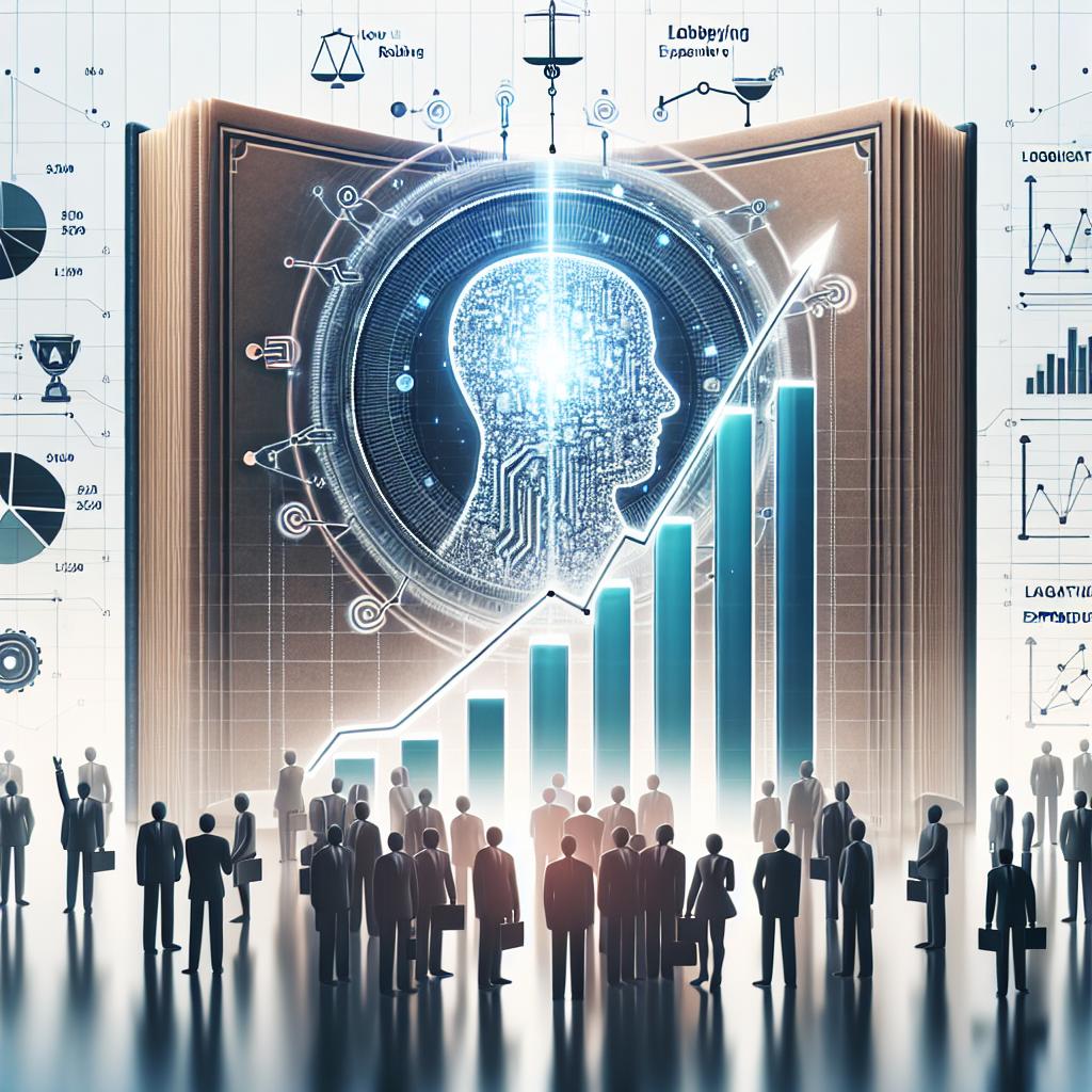 An abstract concept of the intersection of artificial intelligence technology and politics in 2024. The image is a two-dimensional, vectorial, corporate-style artwork on a smooth white background. It features an icon representing emerging AI technology at the background, overlaid with displays of rising bar charts indicating growth in lobbying expenditure. There should also be a silhouette of a book cover, symbolizing the legislative framework. Additionally, silhouettes of law-making individuals should be present in the image, hinting at the impact on political decisions.