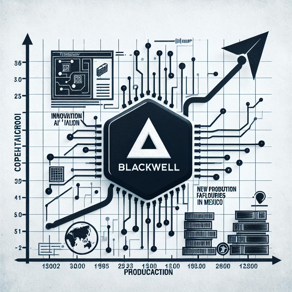 Create a 2D, flat, and corporate style image depicting an increased production of AI chips. The design should be set on a plain white, textureless background. The visual should prominently feature a line graph, symbolizing the predicted growth of 'Blackwell' chip production. The technology corporation, represented by an ambiguous logo, is shown as a leader in the sector. Include additional elements like technology icons and a marked map, symbolizing innovation, progress in IA, and new production facilities in Mexico.