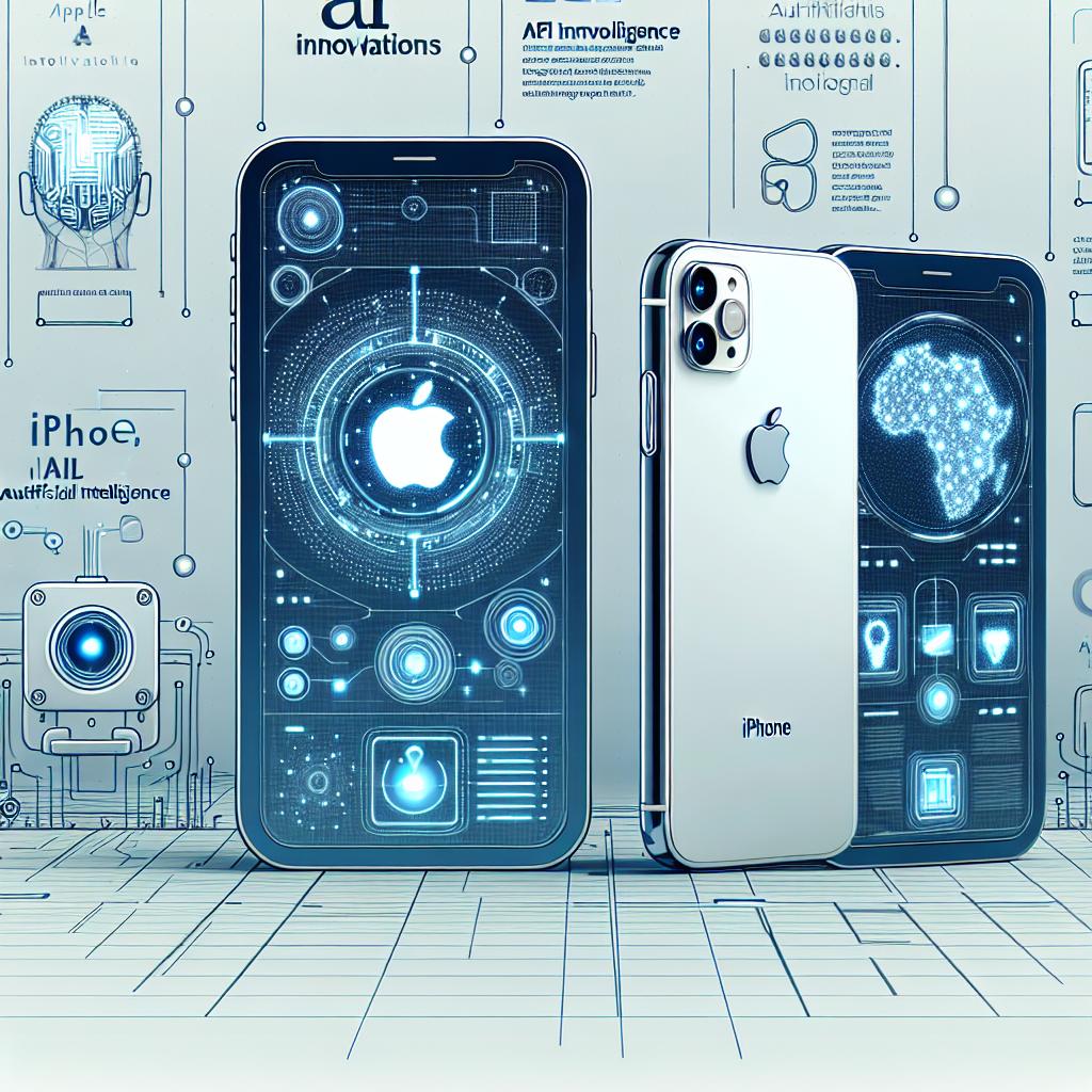 Visualize a futuristic scene showcasing the AI innovations by Apple, all set in a 2D, linear perspective. In this image, iPhone and Mac devices are prominently displayed as symbols of innovation and technology. Set against a plain, texture-less white background, these vector-styled, flat-design devices possess unique features illuminated by artificial intelligence. Perhaps the iPhone screen displays a complex neural network, and the Mac shows cutting-edge machine learning algorithms at work. In the background, incorporate a futuristic ambiance to imply technological advancement. Alongside these elements, include some text labels to highlight key functionalities.