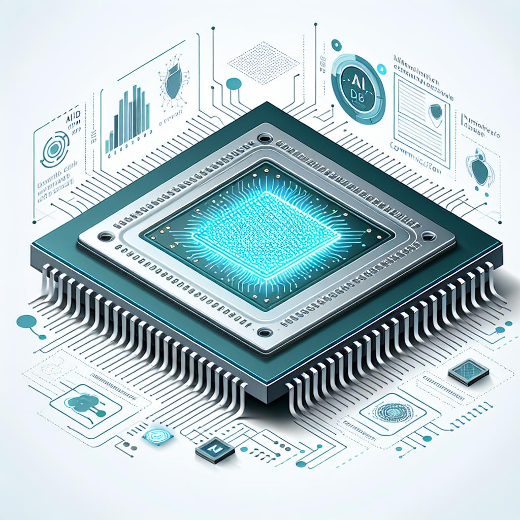 Illustrate a modern photonic chip in a 2D, flat, corporate-style vector drawing on a white, texture-less background. The chip should feature advanced light elements and communication symbols, conveying innovation in AI datacenter technology. Include a technological background to evoke a futuristic environment. Add data graphics representing the chip's efficiency. Please, do not include any logos in the illustration.